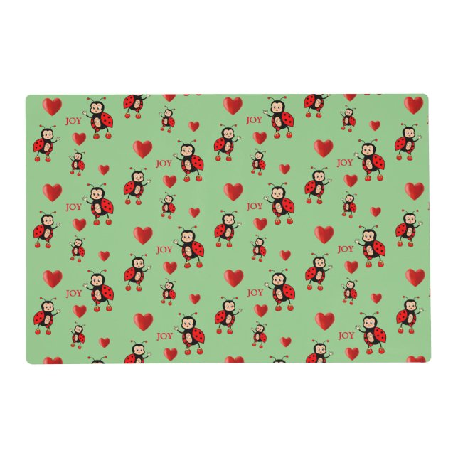 Cute Ladybugs, Hearts & Joy Text on Green Placemat (Front)