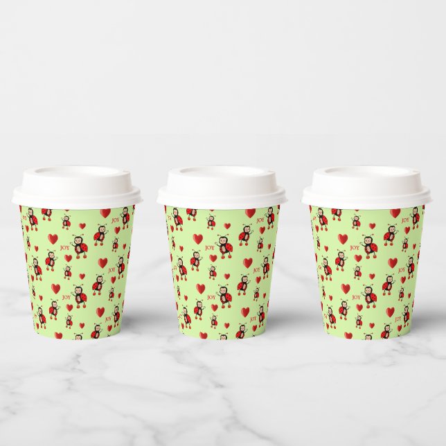 Cute Ladybugs, Hearts & Joy Text on Light Green Paper Cups (Multi)