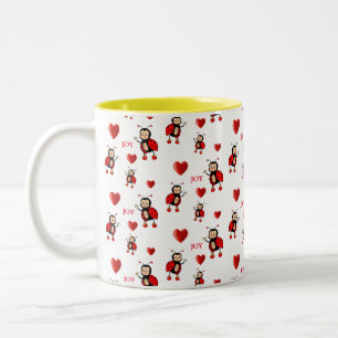 Cute Ladybugs, Hearts & Joy Text on White Two-Tone Coffee Mug