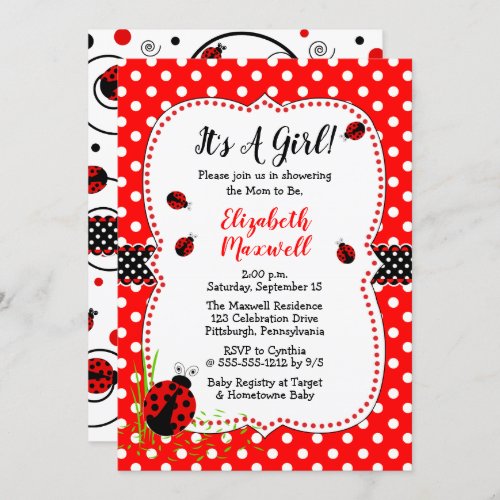 Cute Ladybugs Its A Girl Baby Shower Invitation