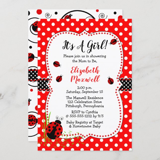 Cute Ladybugs It's A Girl Baby Shower Invitation (Front/Back)