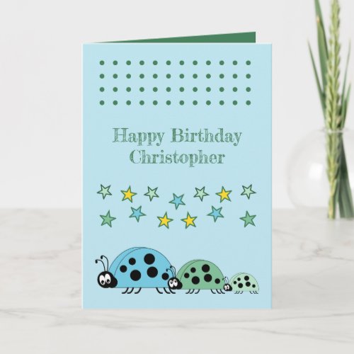 Cute ladybugs name stars blue kids birthday card