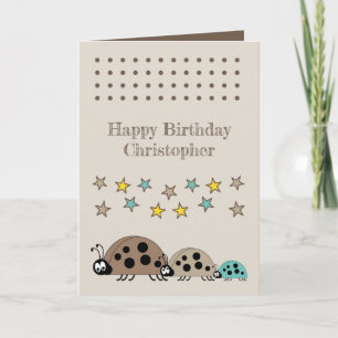 Cute ladybugs name stars brown kids birthday card