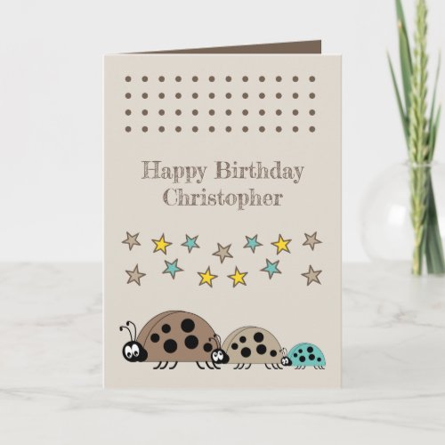 Cute ladybugs name stars brown kids birthday card