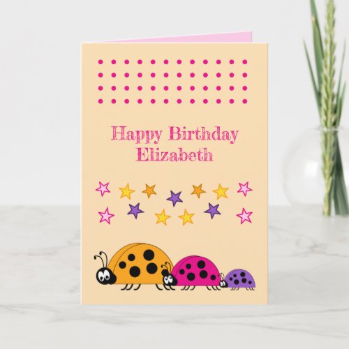 Cute ladybugs name stars pink kids birthday card