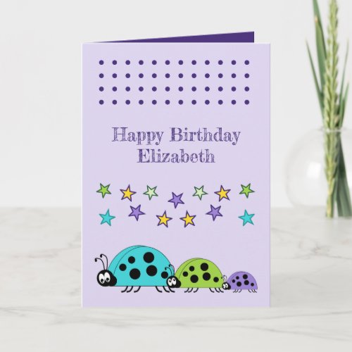 Cute ladybugs name stars purple kids birthday card