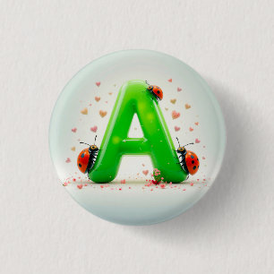 Cute Ladybugs on Green Alphabet Letter A Button