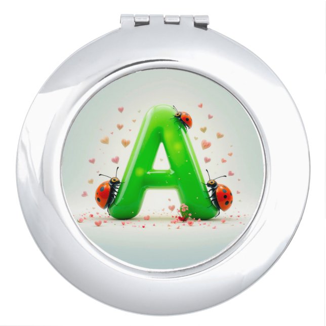 Cute Ladybugs on Green Alphabet Letter A Compact Mirror (Front)
