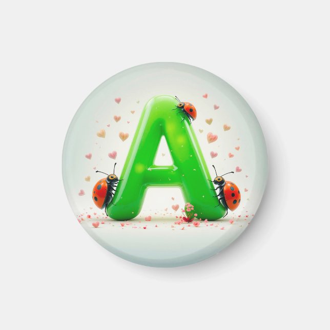Cute Ladybugs on Green Alphabet Letter A Magnet (Front)