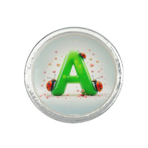 Cute Ladybugs on Green Alphabet Letter A Ring