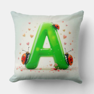 Cute Ladybugs on Green Alphabet Letter A Throw Pillow