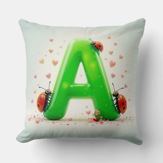 Cute Ladybugs on Green Alphabet Letter A Throw Pillow (Front)