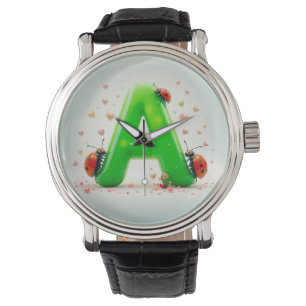 Cute Ladybugs on Green Alphabet Letter A Watch
