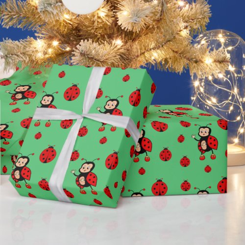 Cute Ladybugs on Green Wrapping Paper