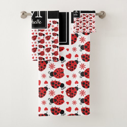 Cute Ladybugs Polka Dot Monogram Bath Towel Set