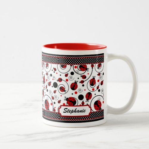 Cute Ladybugs Polka Dots and Swirls Name  Coffee M Two_Tone Coffee Mug