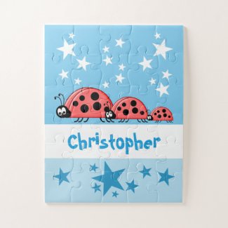 Cute ladybugs stars name blue jigsaw puzzle