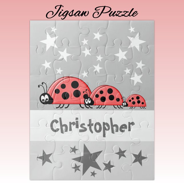 Cute ladybugs stars name grey kids jigsaw puzzle (Creator Uploaded)