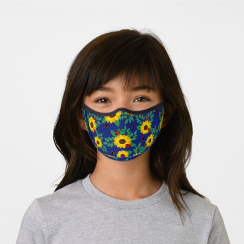 Cute Ladybugs  Sunflowers Deep Blue Premium Face Mask