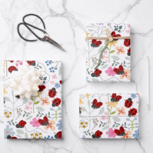 Cute Ladybugs Wildflowers Whimsical Floral Wrapping Paper Sheets