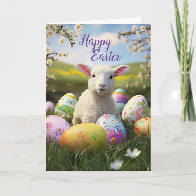 Cute Lamb and Easter Eggs Holiday Card (Front)