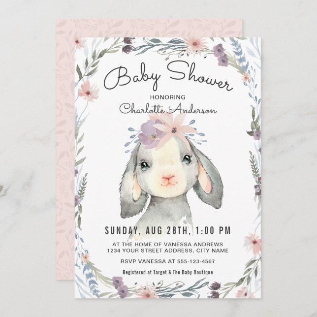 Cute Lamb and Flowers Baby Shower Invitation (Front/Back)