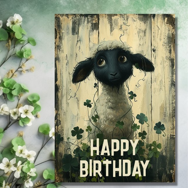 Cute Lamb and Lucky Shamrocks Irish Happy Birthday Card (Front - Cute Lamb and Lucky Shamrocks Irish Happy Birthday Card)