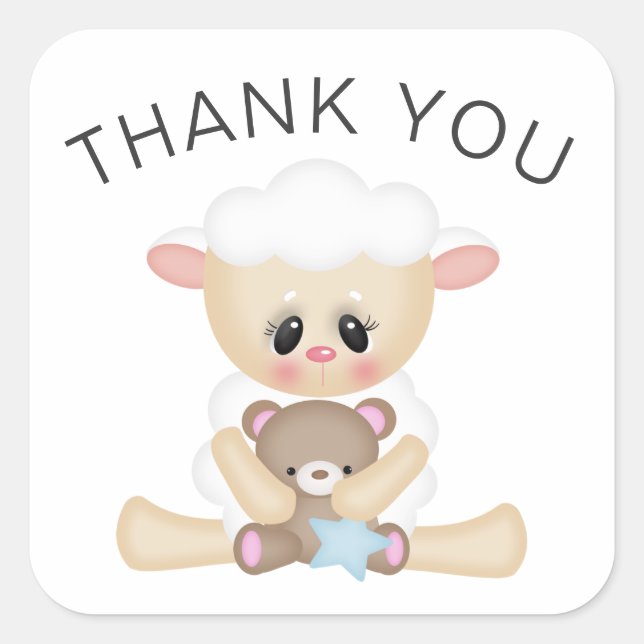 Cute Lamb and Teddy Bear Thank You Square Sticker (Front)
