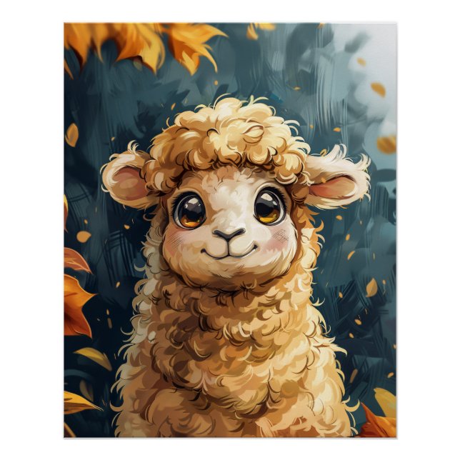 Cute Lamb Autumn Leaves Illustration Poster (Front)