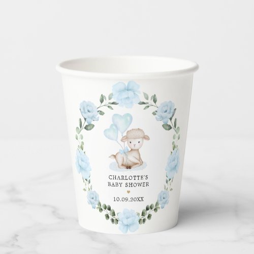 Cute Lamb Baby Sheep Blue Floral Greenery Wreath Paper Cups