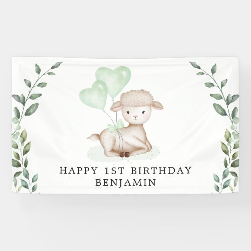 Cute Lamb Baby Sheep Greenery Boy Happy Birthday Banner