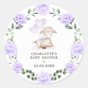 Cute Lamb Baby Sheep Purple Floral Greenery Wreath Classic Round Sticker