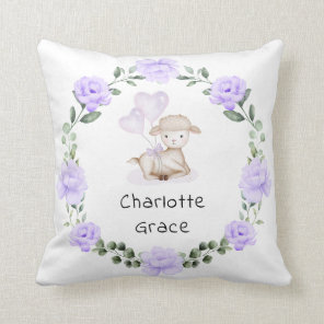 Cute Lamb Baby Sheep Purple Floral Greenery Wreath Throw Pillow