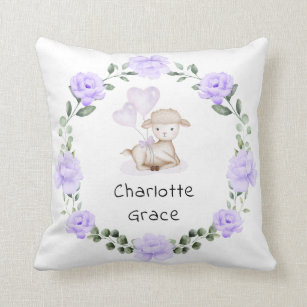 Cute Lamb Baby Sheep Purple Floral Greenery Wreath Throw Pillow