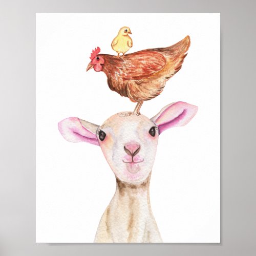 Cute Lamb Baryard Chickens Watercolor Poster