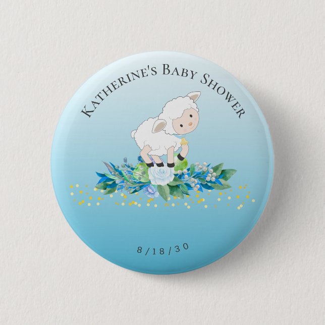 Cute Lamb Blue Floral Boy Baby  Button (Front)