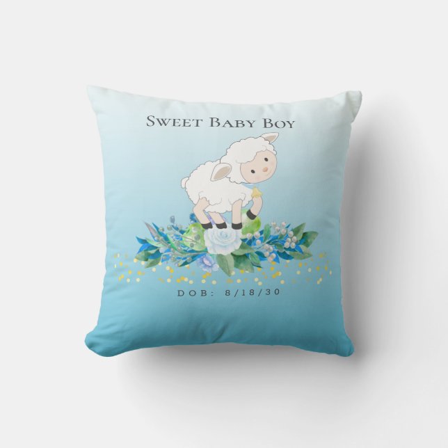 Cute Lamb Blue Floral Boy Baby DOB Throw Pillow (Front)