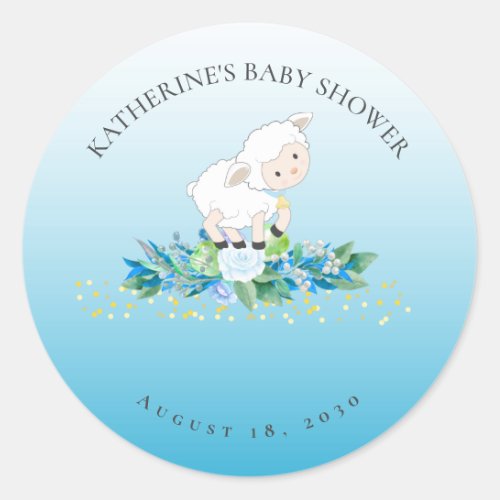 Cute Lamb Blue Floral Boy Baby Shower   Classic Round Sticker