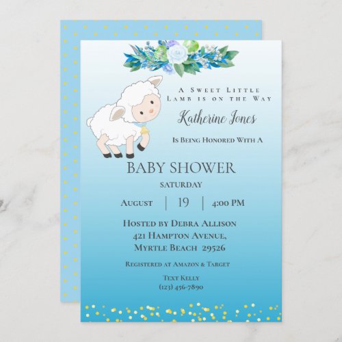 Cute Lamb Blue Floral Boy Baby Shower Invitation