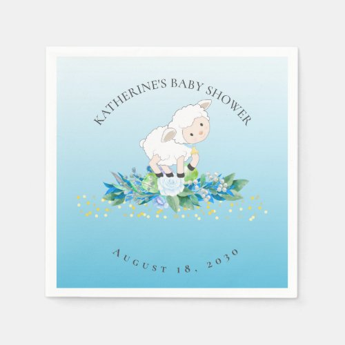 Cute Lamb Blue Floral Boy Baby Shower  Napkins