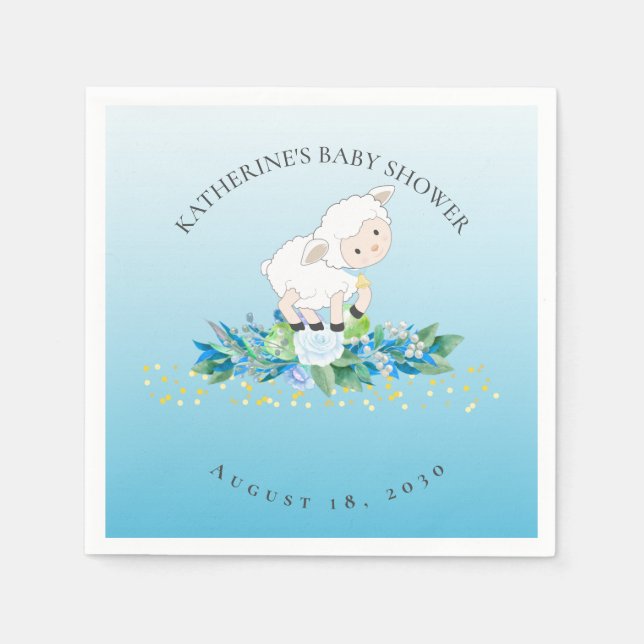Cute Lamb Blue Floral Boy Baby Shower  Napkins (Front)