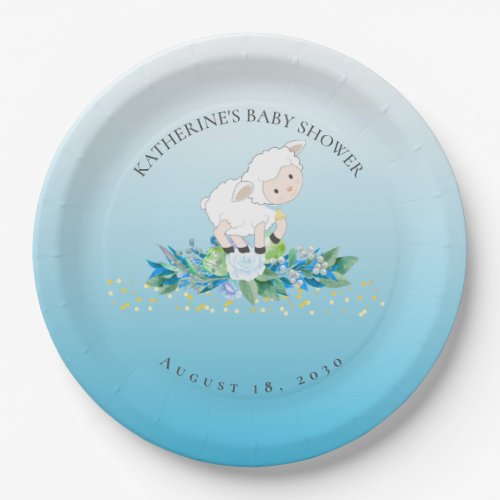Cute Lamb Blue Floral Boy Baby Shower   Paper Plates