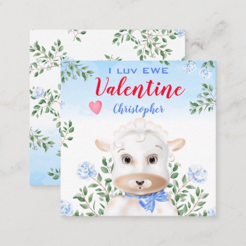 Cute Lamb Blue Floral Kids Classroom Valentine Note Card