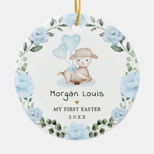 Cute Lamb Blue Floral Wreath Baby First Easter Ceramic Ornament