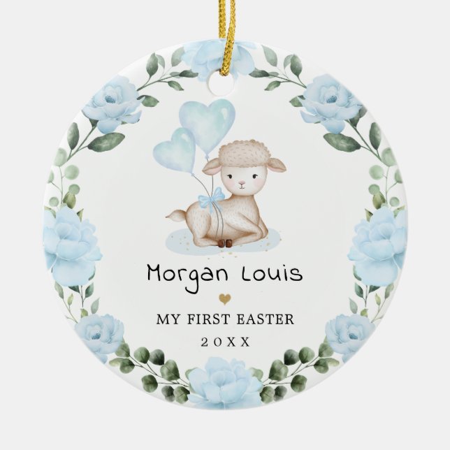 Cute Lamb Blue Floral Wreath Baby First Easter Ceramic Ornament (Front)