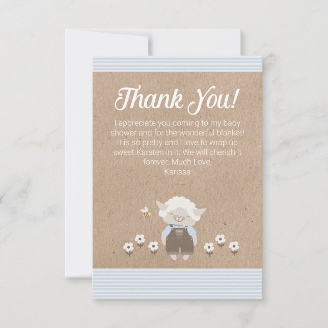 Cute Lamb Blue Kraft Baby Boy Shower Thank You (Front)