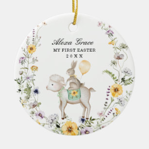 Cute Lamb Bunny Wildflower Baby First 1st Easter Ceramic Ornament