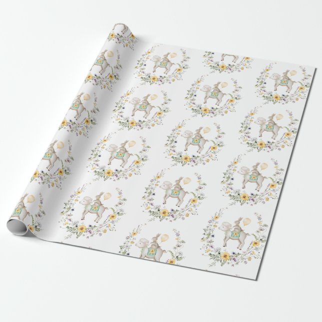 Cute Lamb Bunny Wildflower Baby Rabbit Easter Wrapping Paper (Unrolled)