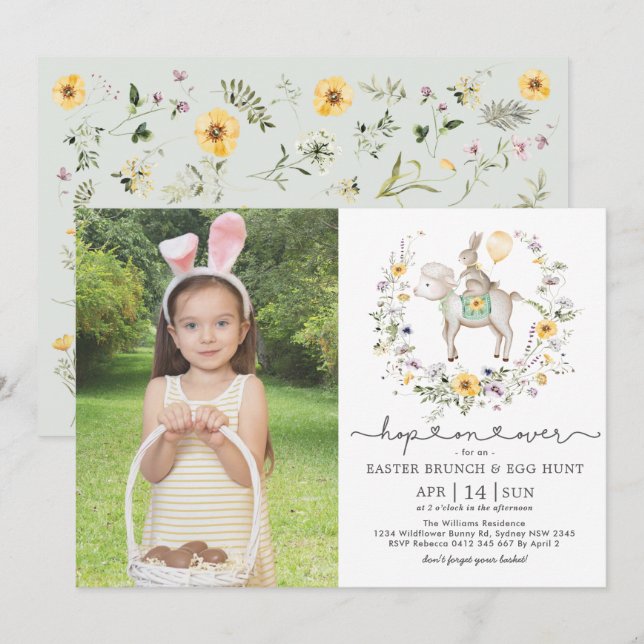 Cute Lamb Bunny Wildflower Easter Brunch Egg Hunt Invitation (Front/Back)