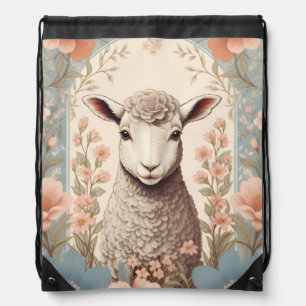 Cute Lamb Delicate Pastel Floral Drawstring Bag